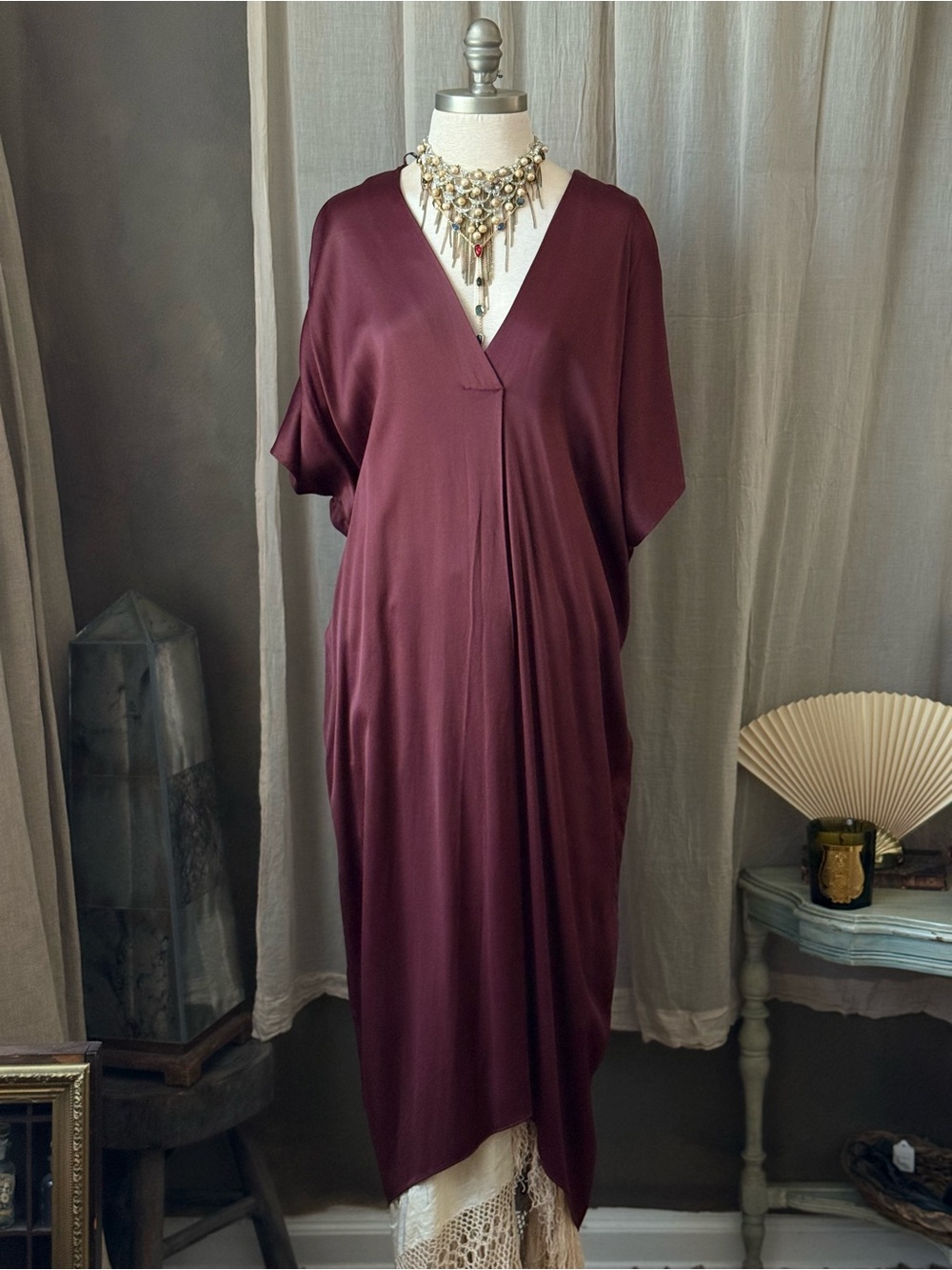 BNWT Zara Burgundy oversized flowy breezy v neck tunic midi dress FW22